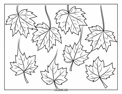 Autumn Leaves Coloring Page for Kids: Five elm leaves fall gently with swirl lines showing their soft movement