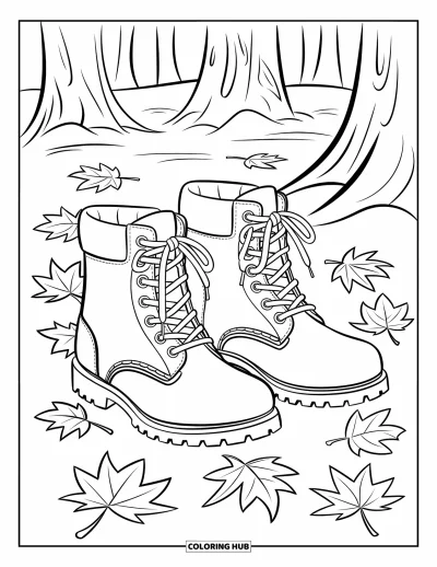 Autumn Leaves Coloring Page for Kids: Laced boots on a leafy forest floor surrounded by tall trees