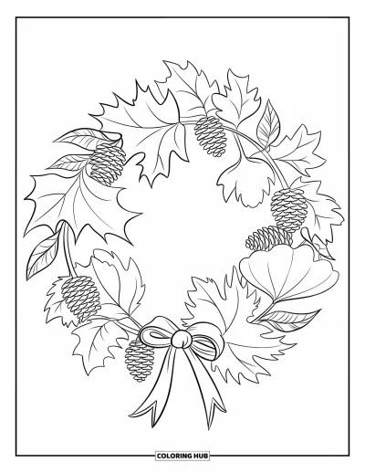 Autumn Leaves Coloring Page for Kids: Leafy wreath with pinecones and ribbon sits against a clean white background