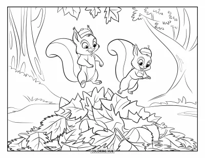 Autumn Leaves Coloring Page for Kids: Playful squirrels in hats jump into a giant pile of autumn leaves