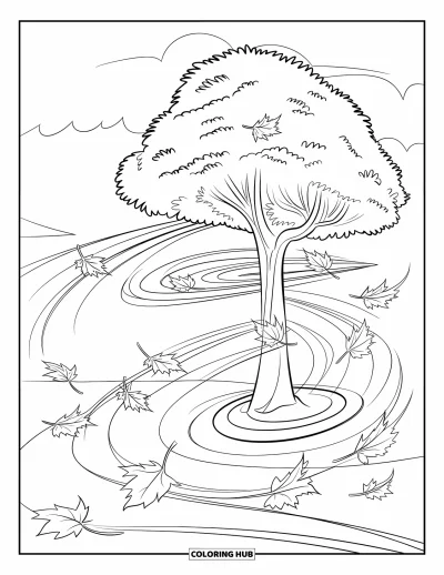 Autumn Leaves Coloring Page for Kids: Spiraling maple leaves dance beneath a tree with a round leafy base
