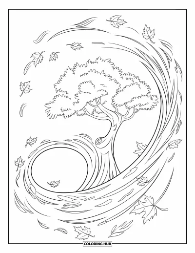 Autumn Leaves Coloring Page for Kids: Swirling maple leaves fall from a large tree, covering the ground in motion