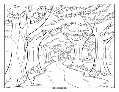 Autumn Leaves Coloring Page for Kids: Tall trees and a leafy trail create a calm, inviting tunnel path