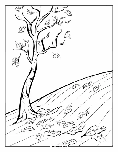 Autumn Leaves Coloring Page for Kids: Twisted birch tree drops leaves across a gently sloping hill