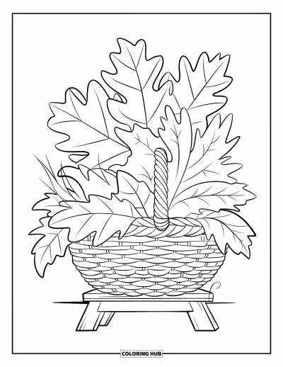 Autumn Leaves Coloring Page for Kids: Woven basket spills over with oak, birch, and chestnut leaves on a stand