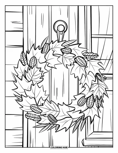 Autumn Leaves Coloring Page for Kids: Wreath made of fall leaves and pinecones hangs beside a curtain and window