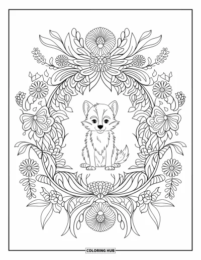 Wolfswelpen-Ausmalbild für Erwachsene: Ein Wolfsjunges in der Mitte eines floralen Mandalas aus Ranken und Blättern