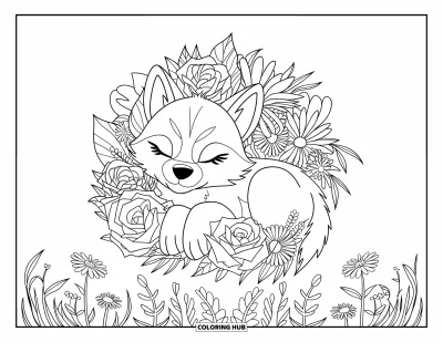 Wolfswelpen-Ausmalbild für Erwachsene: Ein Wolfsjunges kuschelt sich zwischen Rosen, Gänseblümchen und Lilien