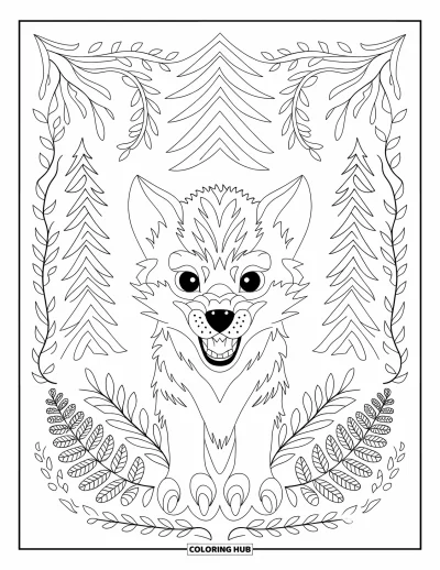 Wolfswelpen-Ausmalbild für Erwachsene: Ein Wolfsjunges eingerahmt von gemusterten Ranken mit sichtbaren spitzen Zähnen