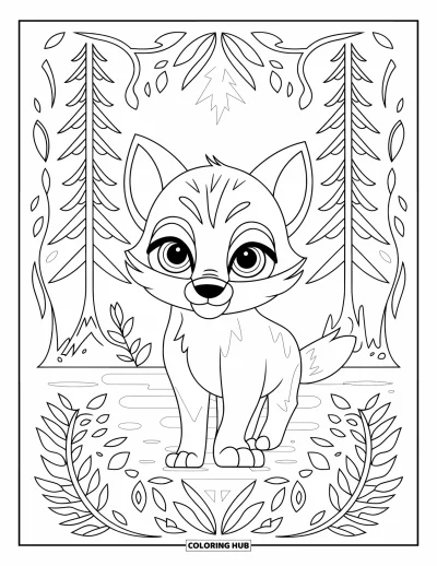Wolfswelpen-Ausmalbild für Erwachsene: Ein Wolfsjunges eingerahmt von Kiefern, Ranken und Farnblättern