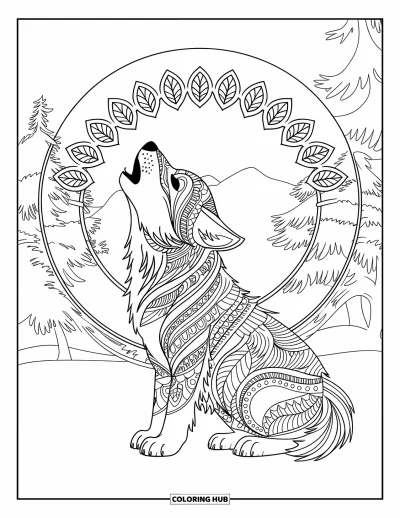 Wolfswelpen-Ausmalbild für Erwachsene: Ein Wolfsjunges heult mit Bergen und Mandala-Ringen im Hintergrund