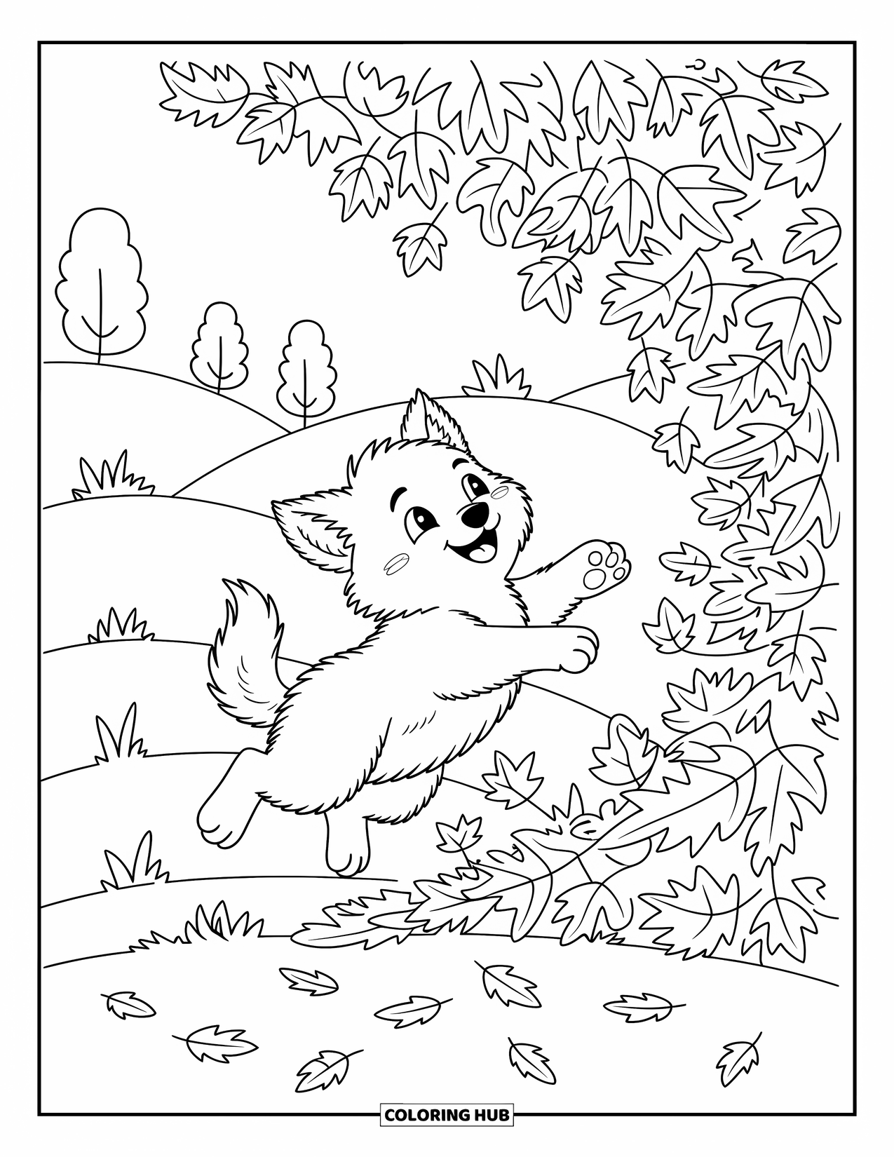 Baby Wolf Coloring Page for Adults: Baby wolf jumps mid-air as colorful leaves swirl around it
