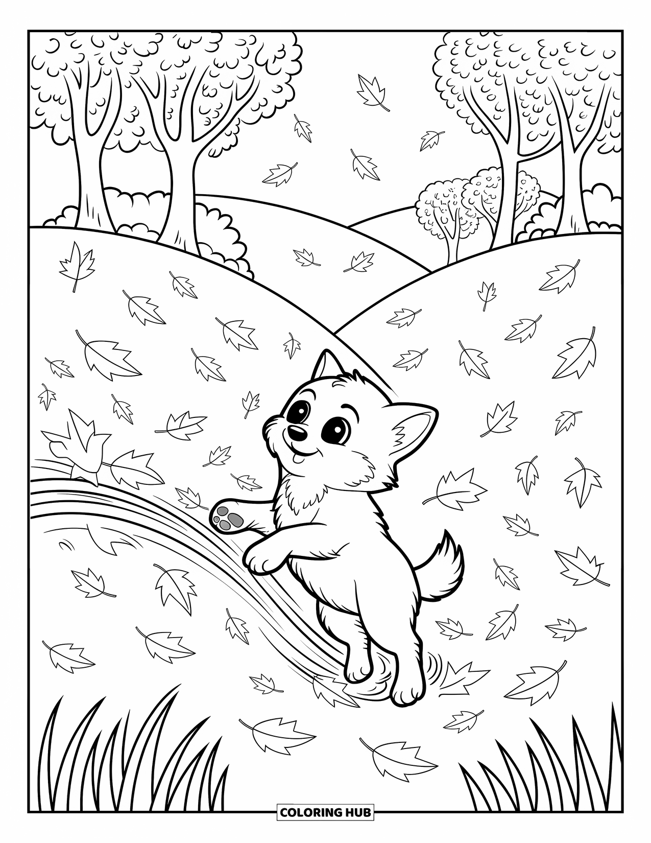 Baby Wolf Coloring Page for Adults: Baby wolf leaps happily through swirling autumn leaves