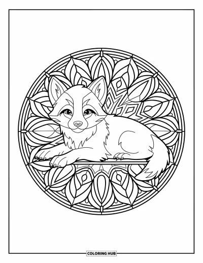 Wolfswelpen-Ausmalbild für Erwachsene: Ein Wolfsjunges liegt friedlich in einem Buntglas-Walddesign