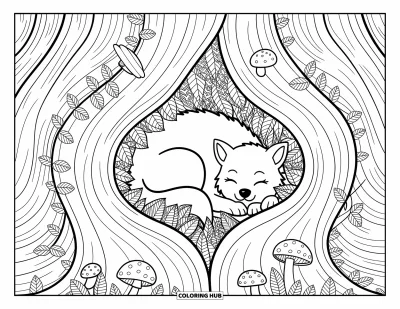 Wolfswelpen-Ausmalbild für Erwachsene: Ein Wolfsjunges schläft ruhig in einem Baumhohlraum mit Ranken und Blättern