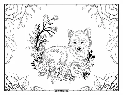 Wolfswelpen-Ausmalbild für Erwachsene: Ein Wolfsjunges ruht zwischen Rosen und Wildblumen in einem Blumenrahmen