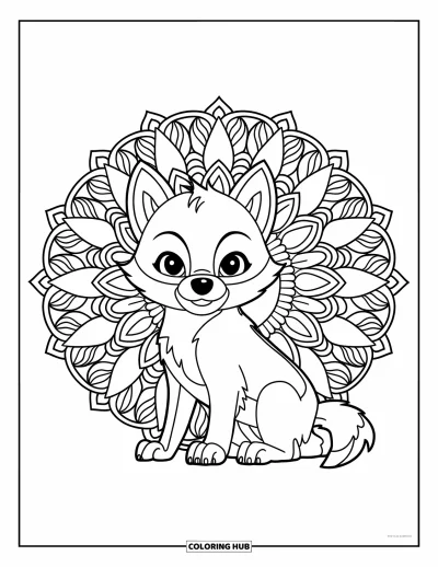 Wolfswelpen-Ausmalbild für Erwachsene: Ein Wolfsjunges sitzt ruhig in einem vollständigen Blüten-Mandala