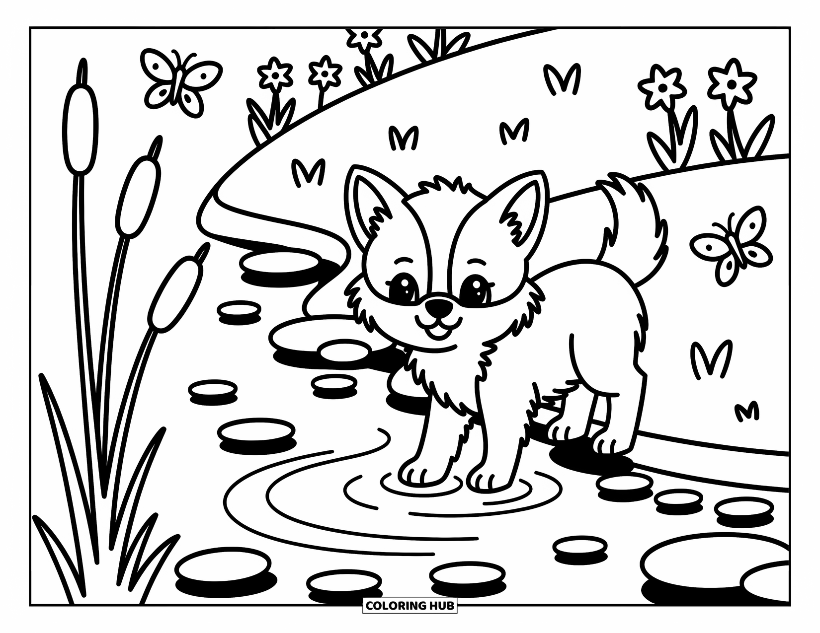 Baby Wolf Coloring Page for Adults: Curious baby wolf dips its paw into a gentle stream