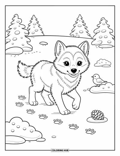Wolfswelpen-Ausmalbild für Erwachsene: Ein verspielter Wolfswelpe trabt durch frischen Schnee und hinterlässt kleine Pfotenabdrücke