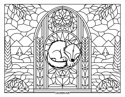 Wolfswelpen-Ausmalbild für Erwachsene: Ein schlafendes Wolfsjunges ruht in einem Buntglasfenster-Design