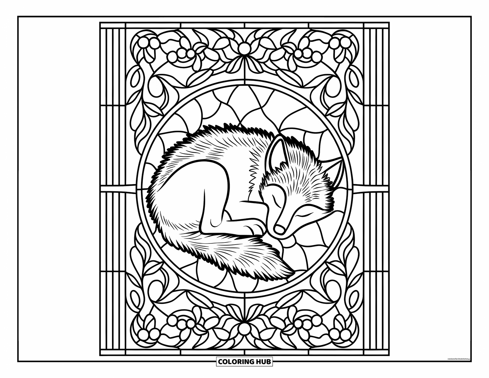 Baby Wolf Coloring Page for Adults: Wolf pup curls up in a floral stained glass window