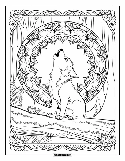 Wolfswelpen-Ausmalbild für Erwachsene: Ein Wolfswelpe heult von einem moosigen Baumstamm umgeben von Mandalas
