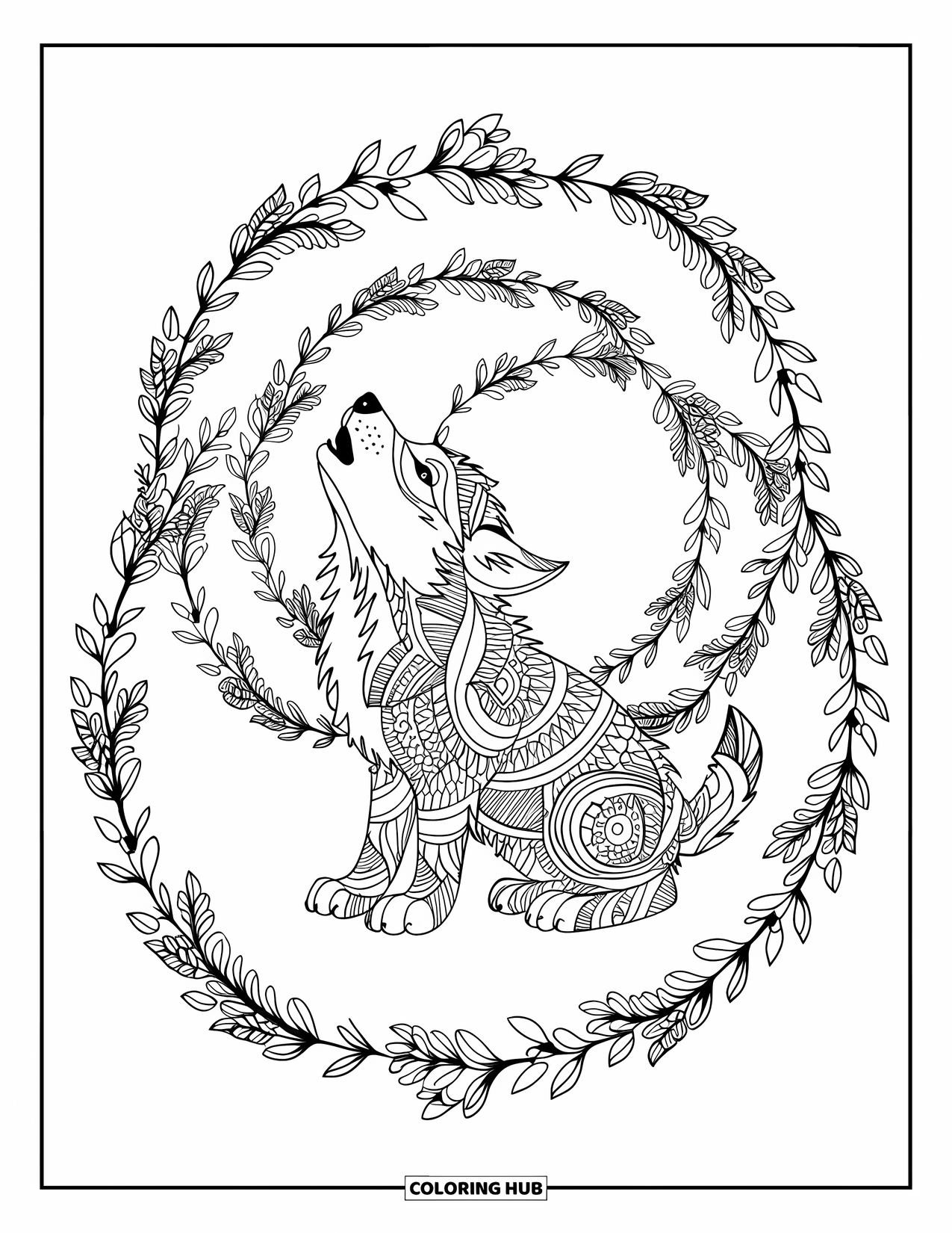 Baby Wolf Coloring Page for Adults: Wolf pup howls upward within circular floral mandala rings