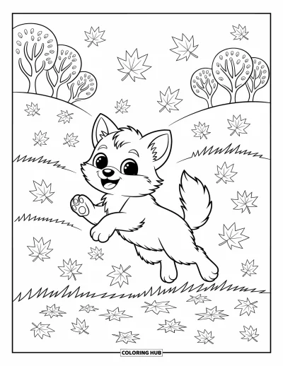 Wolfswelpen-Ausmalbild für Erwachsene: Ein verspielter Wolfswelpe springt durch knisternde Herbstblätter