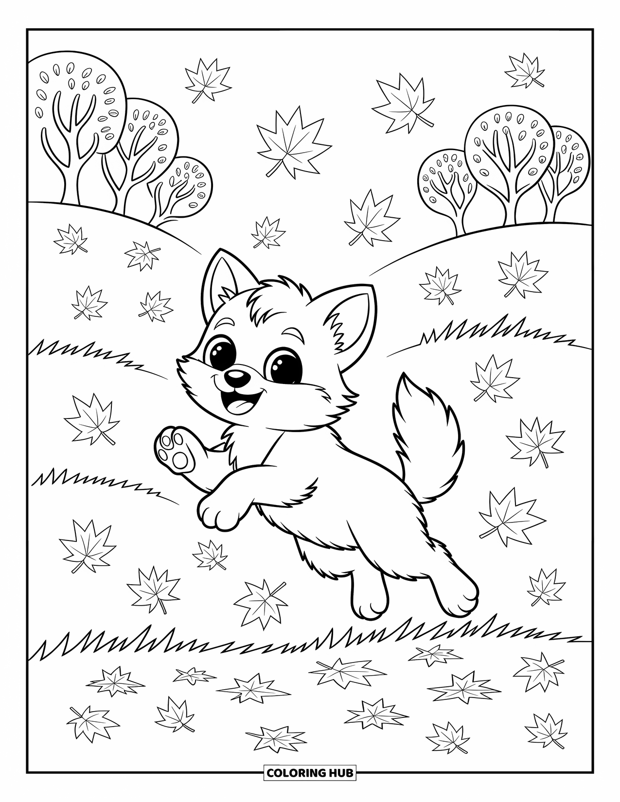 Baby Wolf Coloring Page for Adults: Wolf pup playfully leaps through crisp autumn leaves
