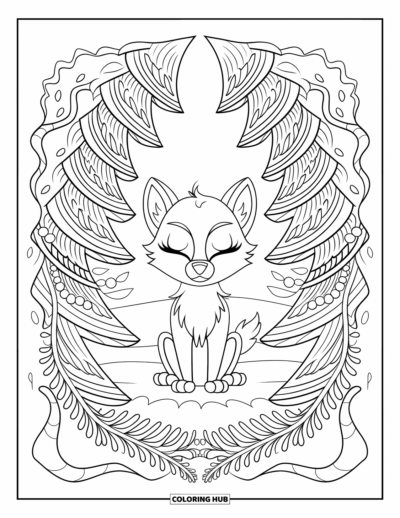 Baby Wolf Coloring Page for Adults: Wolf pup rests calmly among spiraled trees and ferns