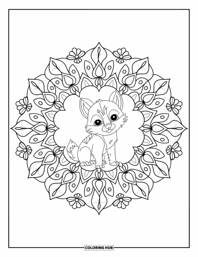 Wolfswelpen-Ausmalbild für Erwachsene: Ein Wolfswelpe ruht in einem Blüten-Mandala mit Ranken und Wirbeln