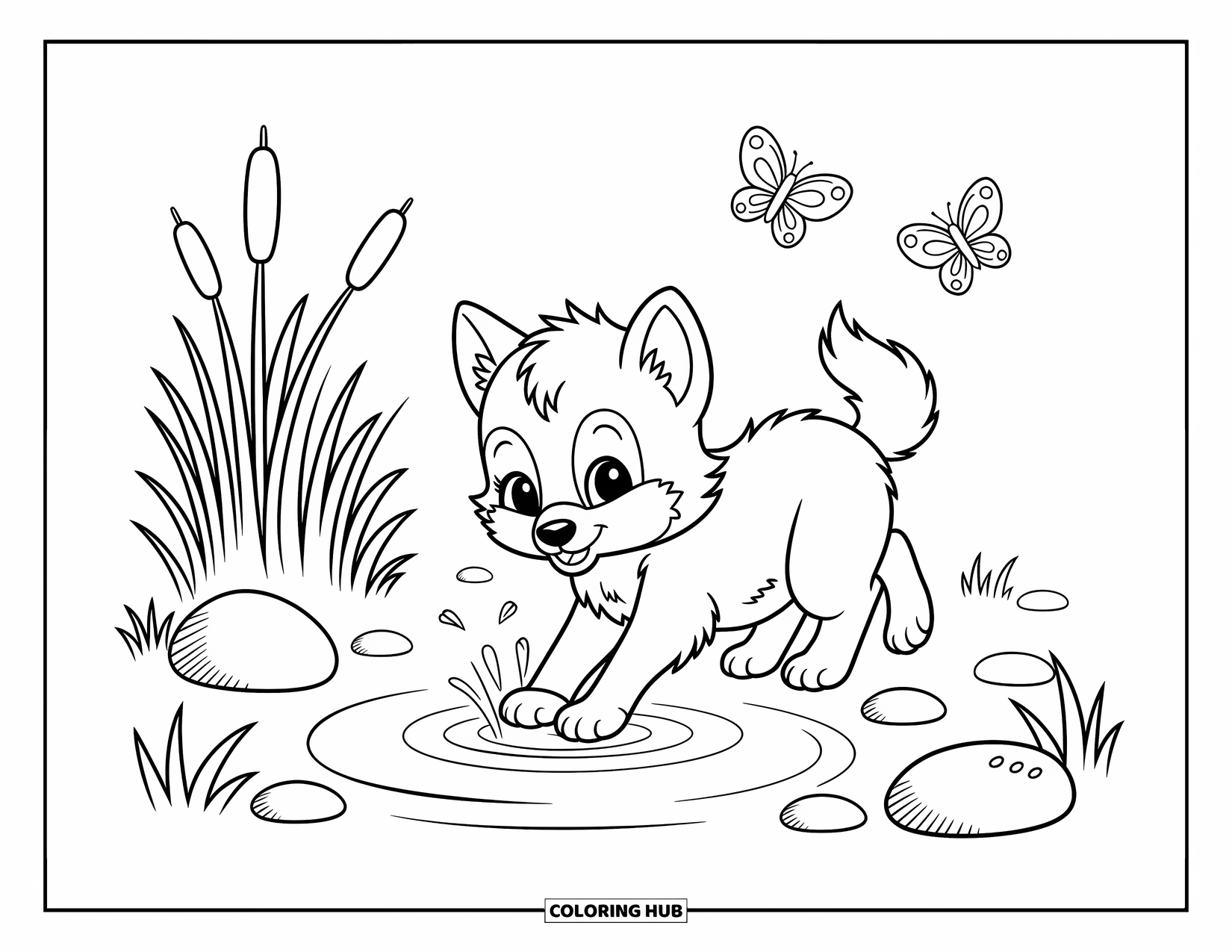 Baby Wolf Coloring Page for Adults: Wolf pup splashes playfully in a shallow stream with butterflies nearby