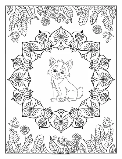Wolfswelpen-Ausmalbild für Erwachsene: Ein Wolfswelpe umgeben von einem floralen Mandala mit dekorativen Rändern