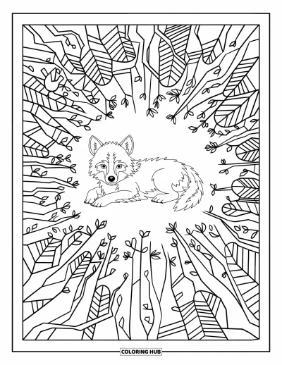 Wolfswelpen-Ausmalbild für Erwachsene: Ein Wolfswelpe umgeben von Buntglasbaümen und sitzenden Vögeln