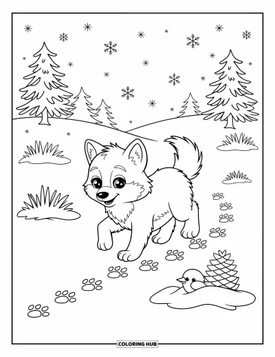 Wolfswelpen-Ausmalbild für Erwachsene: Ein Wolfswelpe läuft durch Schnee, während Flocken um ihn fallen