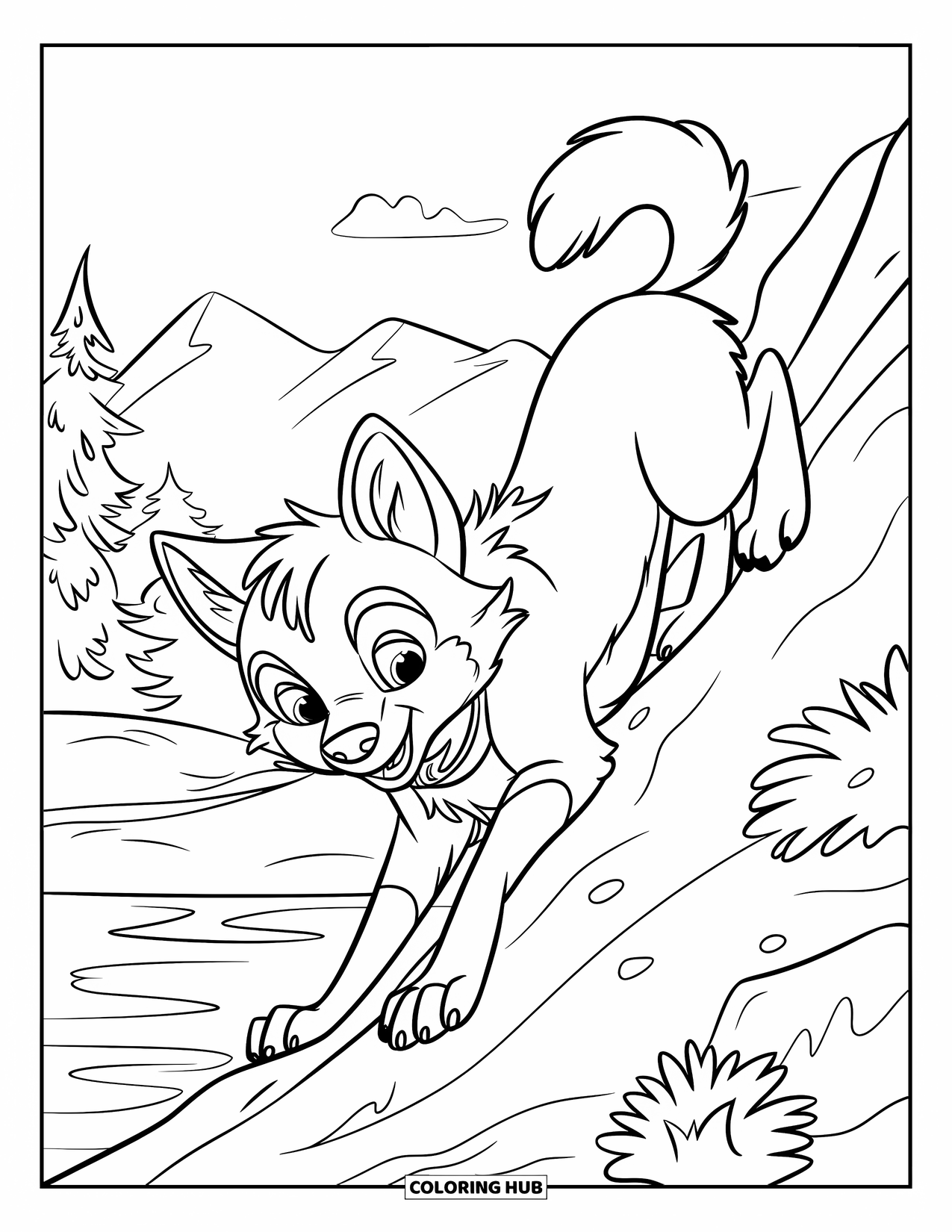 Baby Wolf Coloring Page for Kids: Baby wolf climbs a rocky slope with wind-blown fur