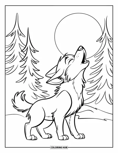 Wolfswelpen-Ausmalbild für Kinder: Ein Wolfsjunges heult beim Vollmond in einem Kiefernwald
