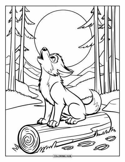 Wolfswelpen-Ausmalbild für Kinder: Ein Wolfsjunges heult von einem moosigen Baumstamm unter hellem Mond