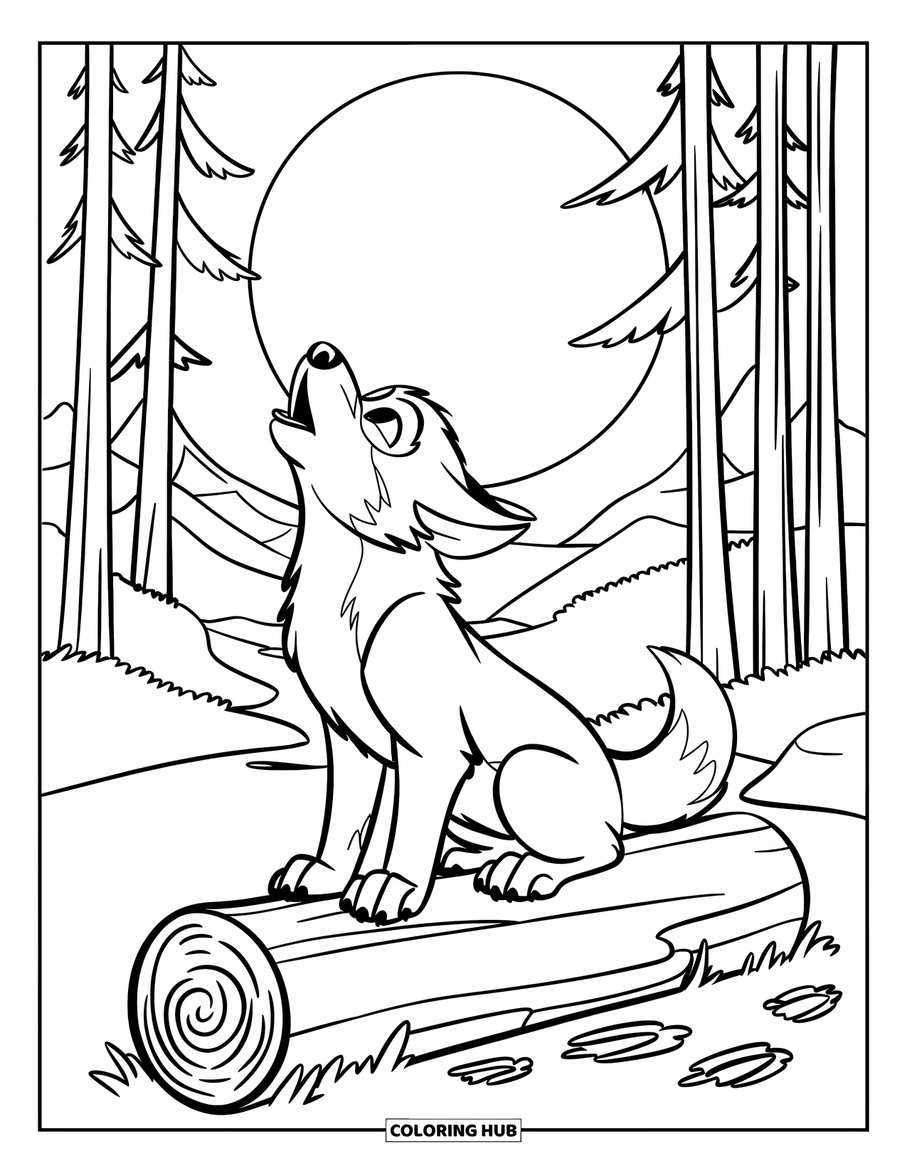 Baby Wolf Coloring Page for Kids: Baby wolf howls from a mossy log under a bright moon