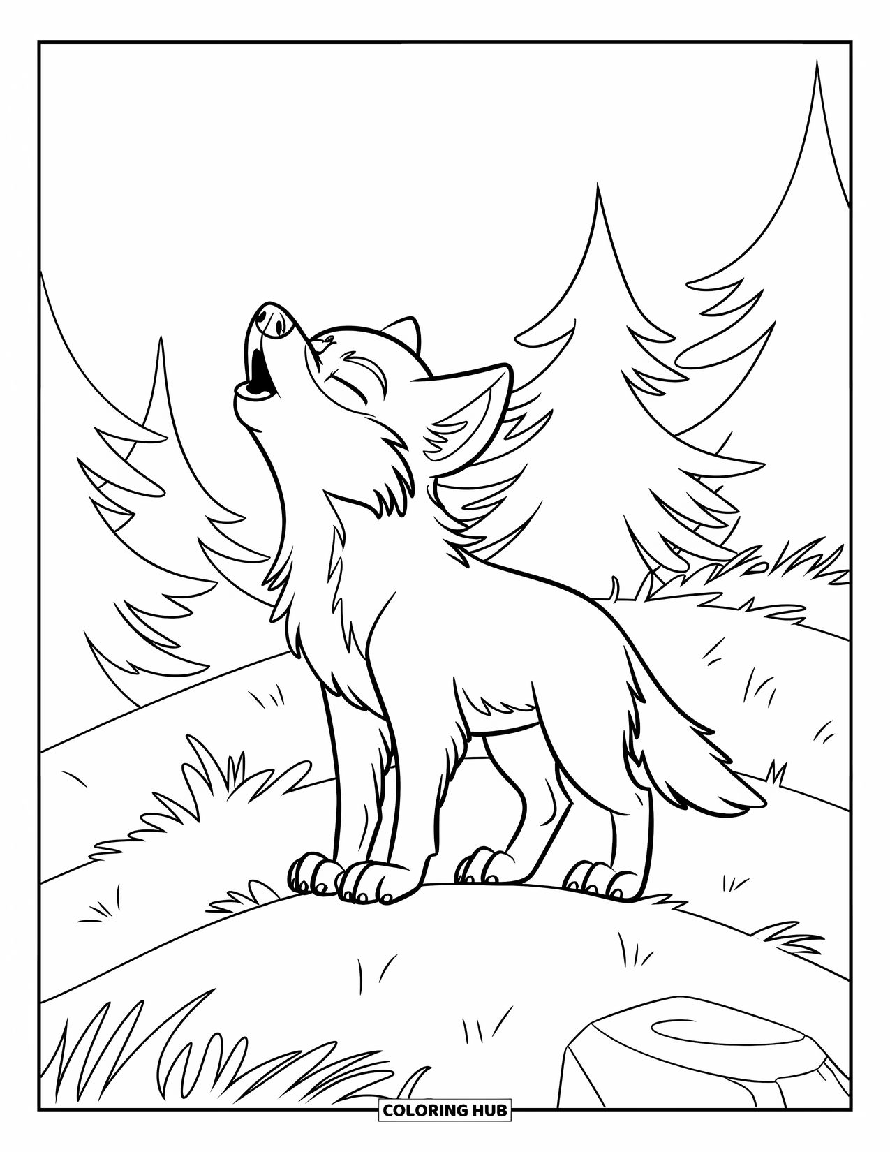 Baby Wolf Coloring Page for Kids: Baby wolf howls on a grassy hill with pine trees behind