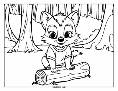 Wolfswelpen-Ausmalbild für Kinder: Ein Wolfsjunges im Hemd sitzt auf einem Baumstamm im Wald