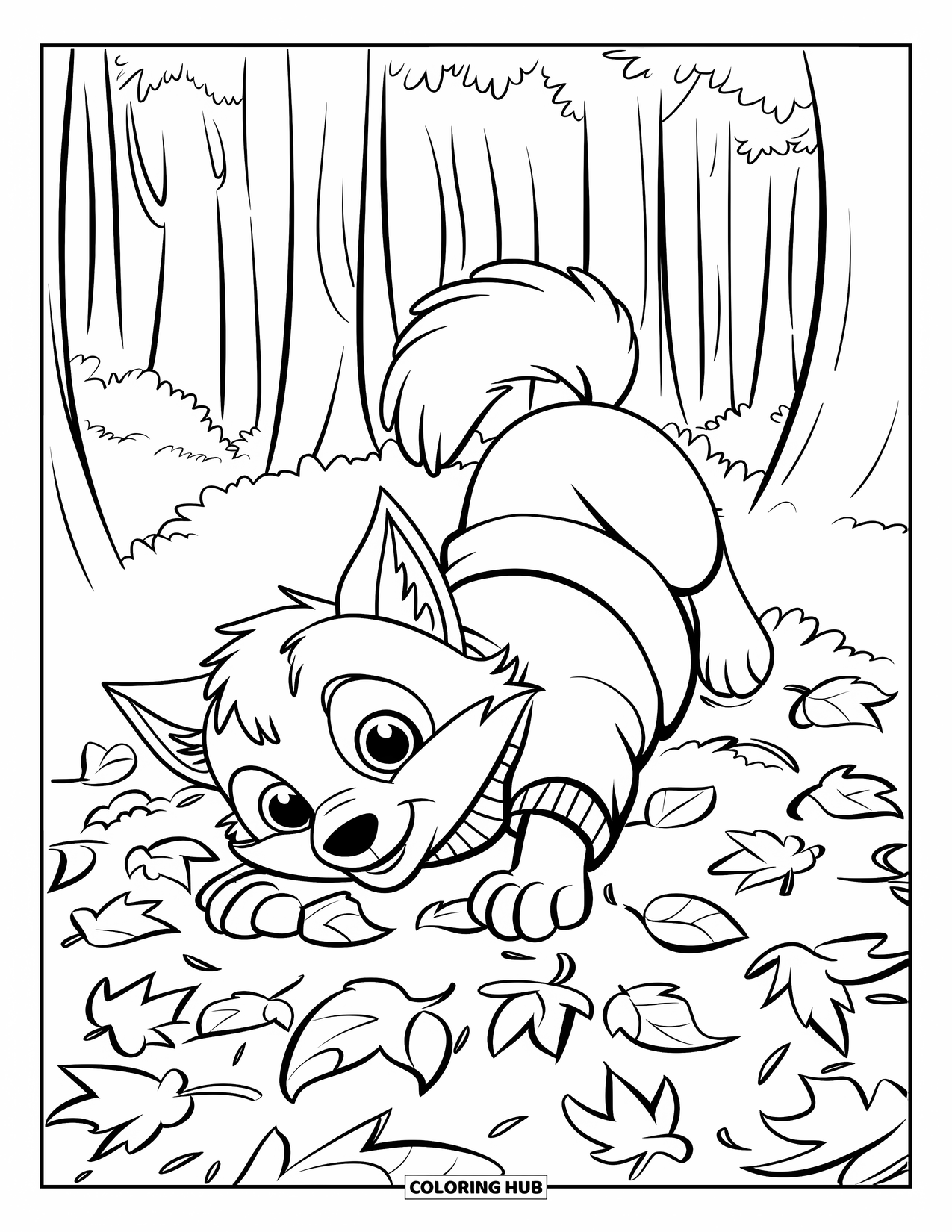Baby Wolf Coloring Page for Kids: Baby wolf in a sweater rolls on scattered autumn leaves
