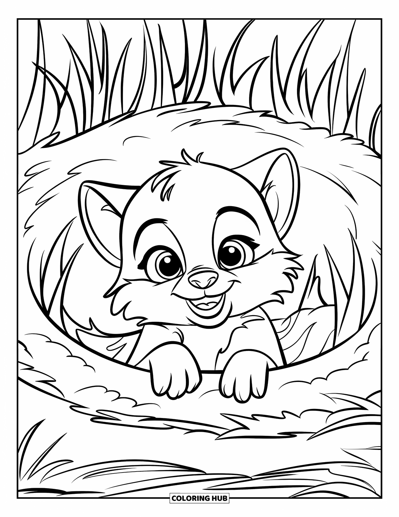 Baby Wolf Coloring Page for Kids: Baby wolf peeks shyly from a grassy den
