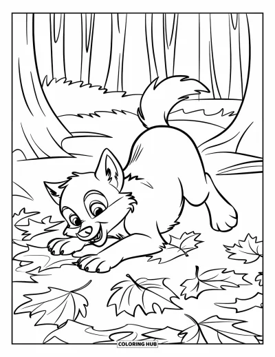 Wolfswelpen-Ausmalbild für Kinder: Ein Wolfsjunges wälzt sich vergnügt in einem Haufen Herbstblätter