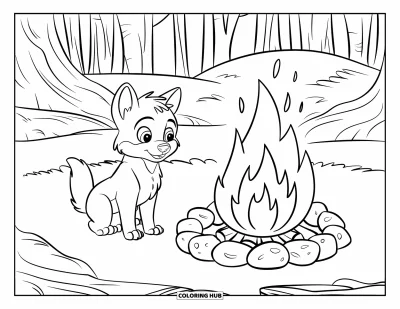 Wolfswelpen-Ausmalbild für Kinder: Ein Wolfsjunges sitzt bei einem hell lodernden Lagerfeuer im Wald