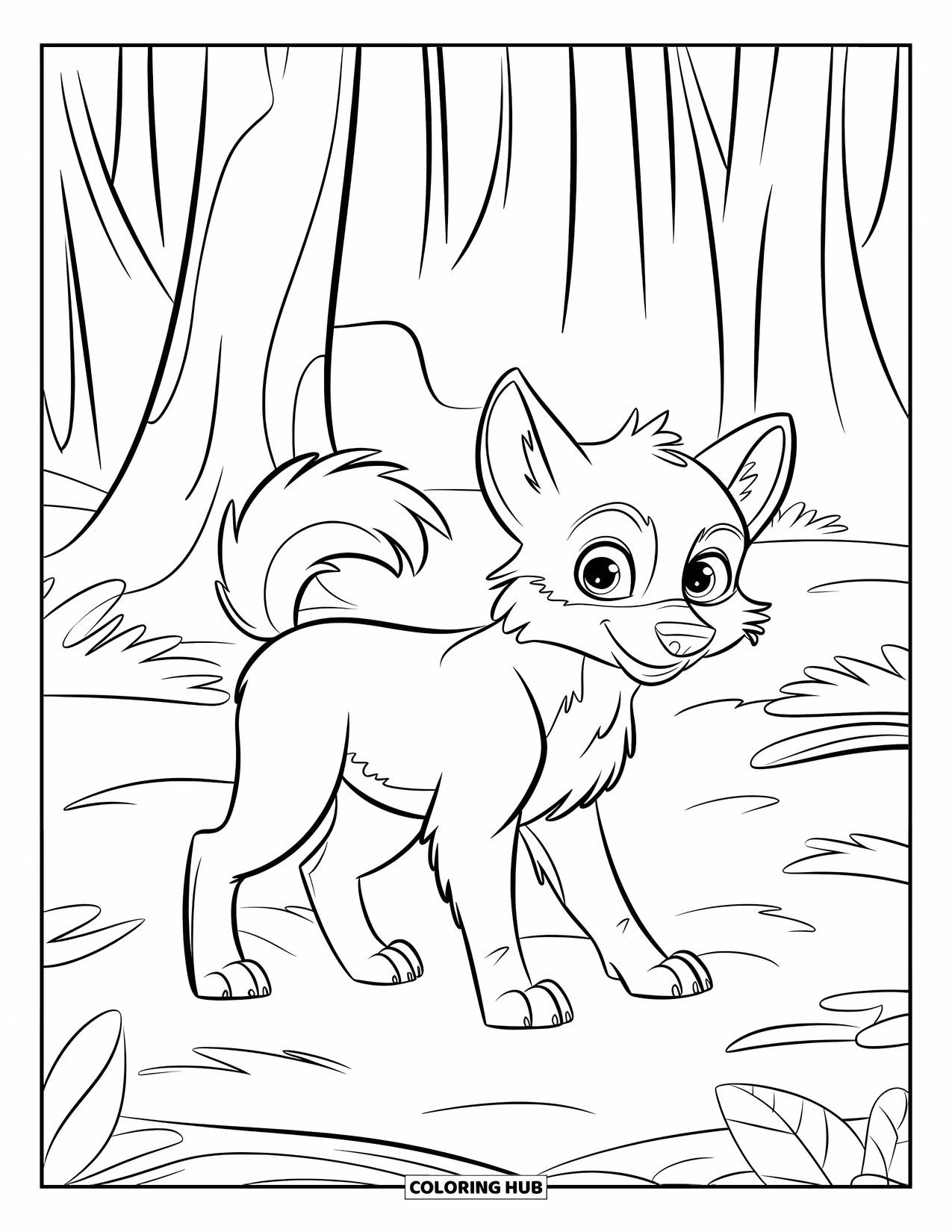 Baby Wolf Coloring Page for Kids: Baby wolf sits in a quiet forest clearing