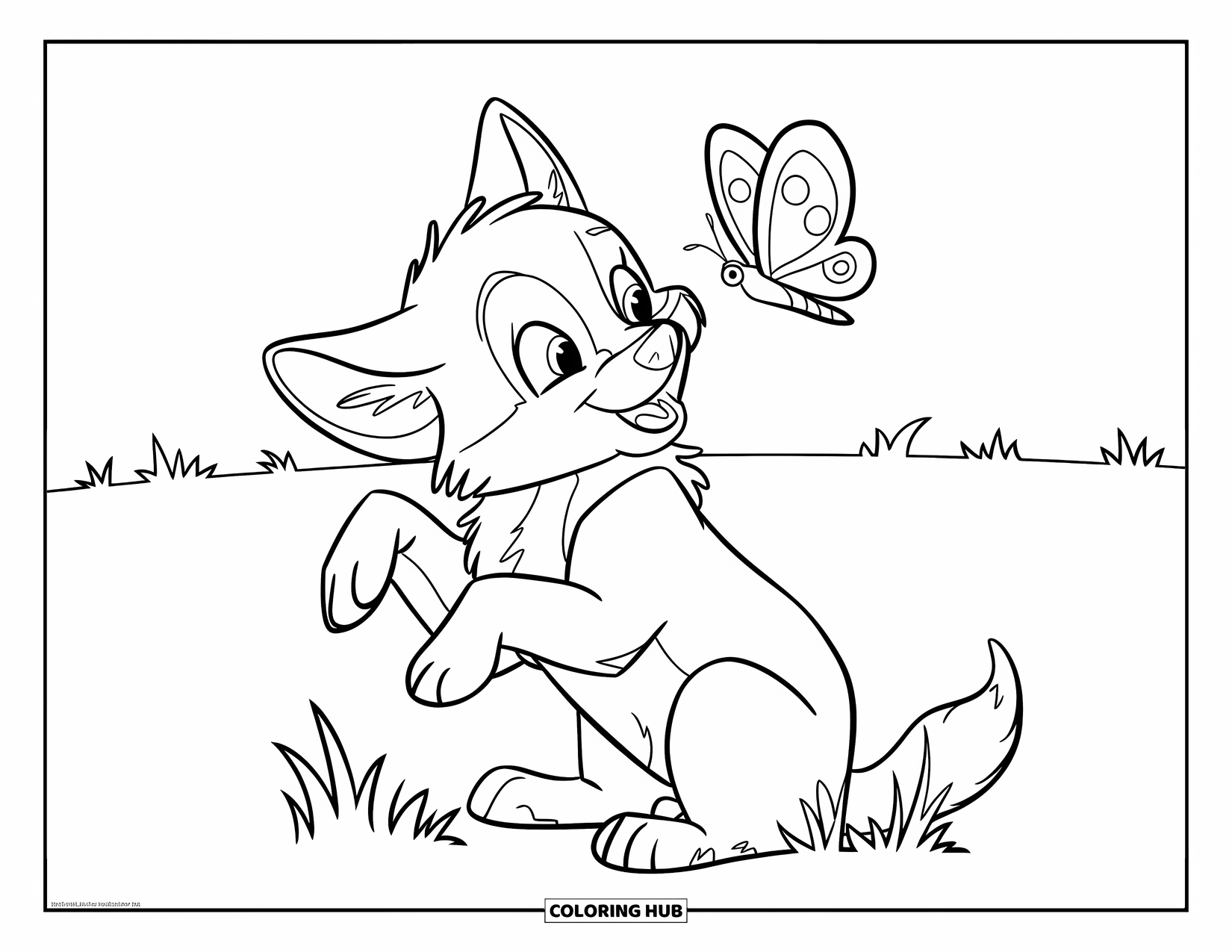 Baby Wolf Coloring Page for Kids: Baby wolf sits with paws raised as a butterfly lands on its nose