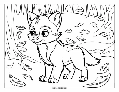 Wolfswelpen-Ausmalbild für Kinder: Ein Wolfsjunges steht still, während Herbstblätter um es herum wirbeln