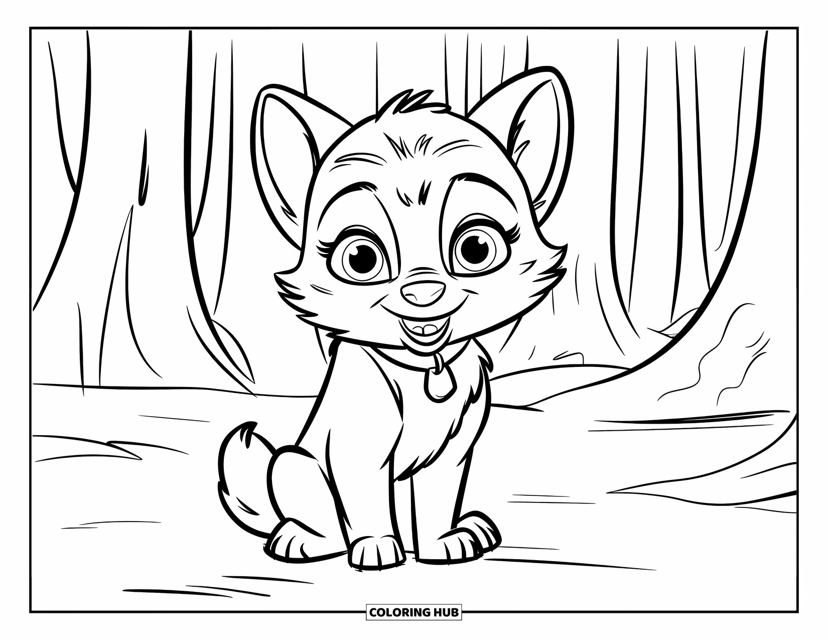 Baby Wolf Coloring Page for Kids: Baby wolf with a red collar sits near tall forest trees