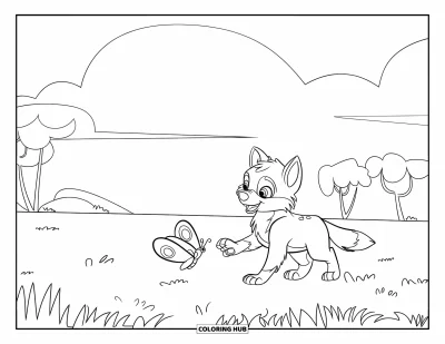 Wolfswelpen-Ausmalbild für Kinder: Ein fröhlicher Wolfswelpe spielt mit einem Schmetterling unter einem hellen, schlichten Himmel